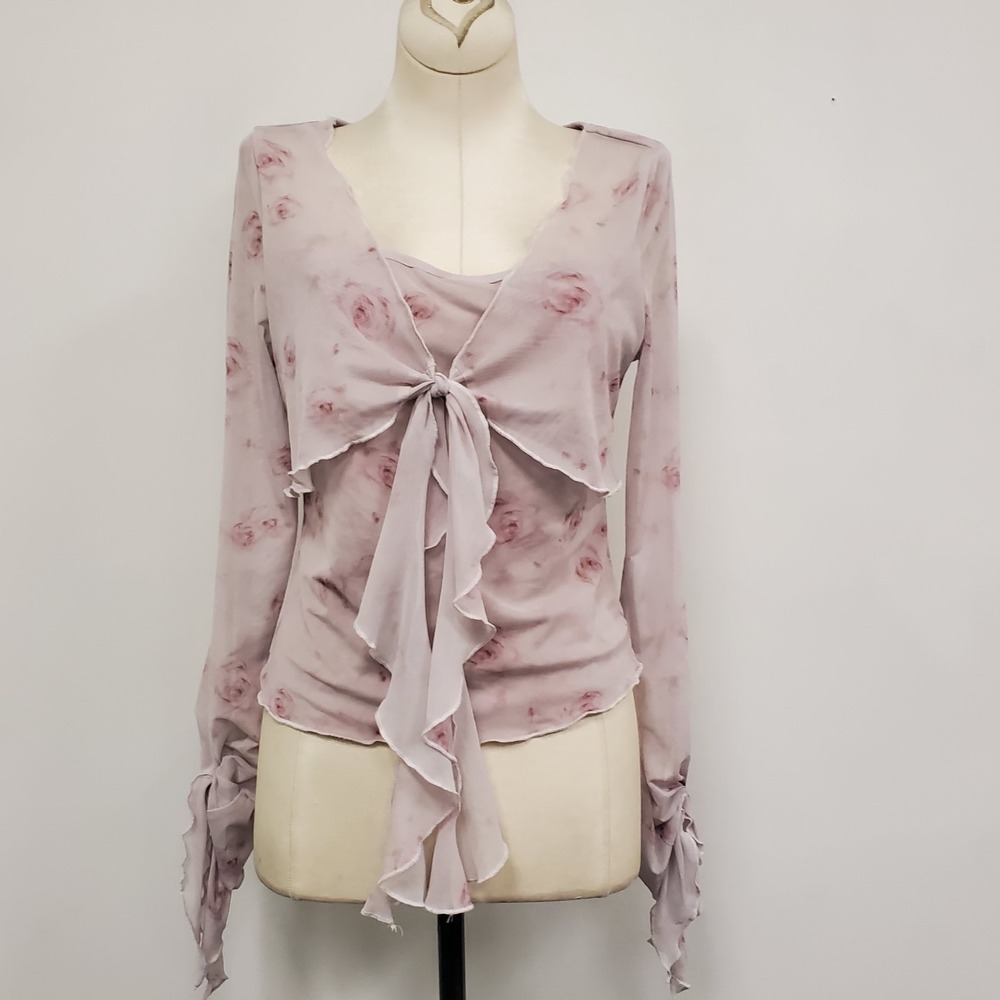 Ethereal Tie Front Fairy Ruffle Lettuce Hem Top Size M Pink Roses Romantic Flowy
